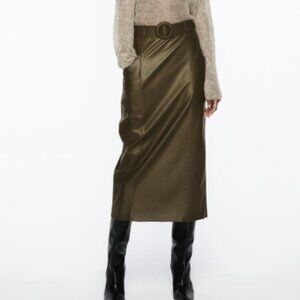 ZARA Deep Olive Green Leather Belted Midi Skirt Pockets Blogger Favorite Medium